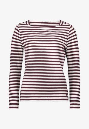 Long-sleeve top with a boat neck, featuring vertical maroon and white stripes. Made of soft fabric with a smooth texture.