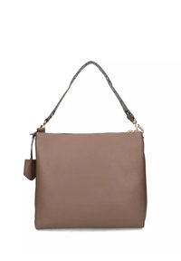 Borsa a tracolla in pelle marrone con una superficie liscia, dotata di una tracolla staccabile con motivo e di una piccola busta attaccata lateralmente.