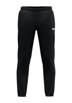 Schwarze Sporthose mit elastischem Bund und Bündchen, mit kleinem weißem "JAKO" Logo am oberen rechten Oberschenkel.