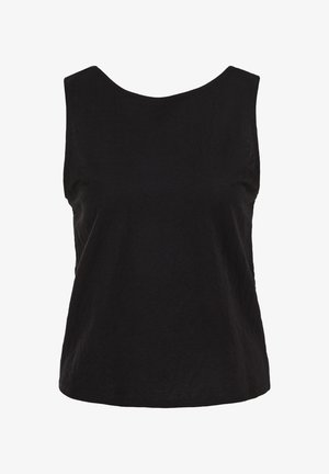 Top negru fără mâneci, cu decolteu rotund și material simplu, neted.
