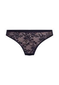 Zwarte kanten damesbikini onderbroek met bloemmotieven en doorschijnende mesh stof, elastische tailleband, geïsoleerd op een witte achtergrond.
