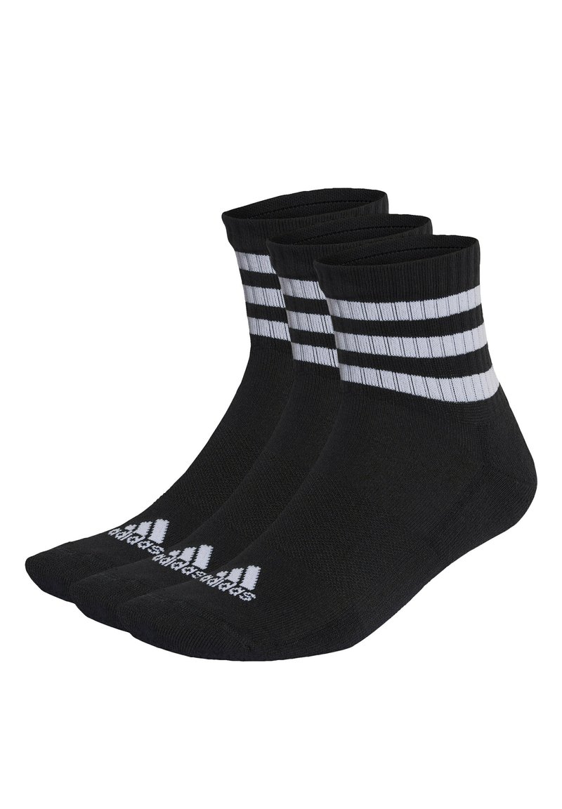 Calcetines deportivos negros con tres rayas blancas en la parte superior y detalle de logo. Corte corto, hechos de un tejido suave y texturizado.