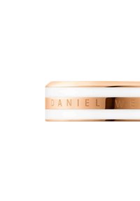 Rannekoru valkoisesta ja ruusukullasta, jossa on sileä viimeistely, kaiverrettu "DANIEL WELLINGTON" -teksti ja litteä muotoilu.