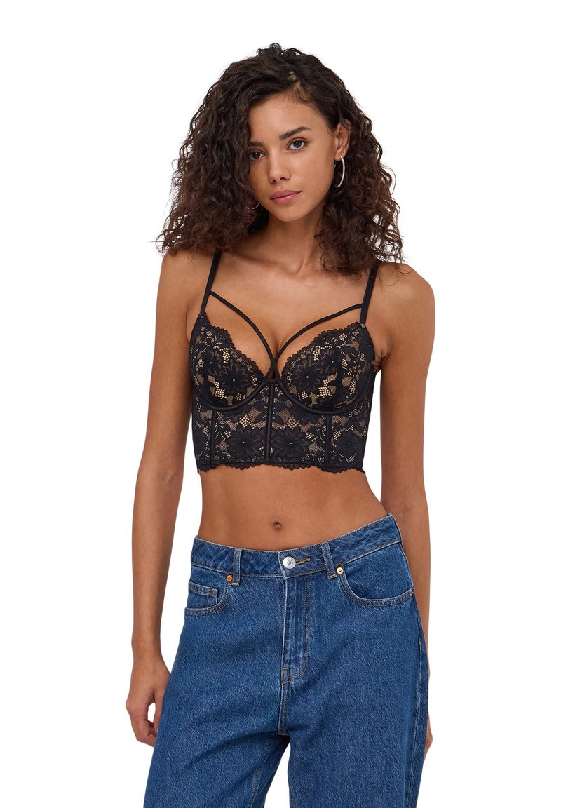 Corsetto Underbust Nero Con Coppe Aperte, Cuciture Disossate, Stringato Dietro, Coquette