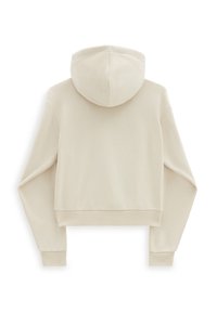 Sweat à capuche beige raccourci avec capuche à cordon, manches longues et poignets côtelés. Tissu lisse avec une texture unie, sans motifs ni graphiques.