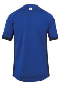 Blauw sportshirt met korte mouwen, met een zwarte rand op de mouwen en zijkanten, een gladde textuur en een klein logo op de achterkant.