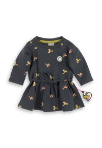 Robe pour fille, en coton gris foncé, manches longues, motif floral en rose et jaune, jupe froncée, taille ajustable avec lien, et étiquette d'accent sur le côté.