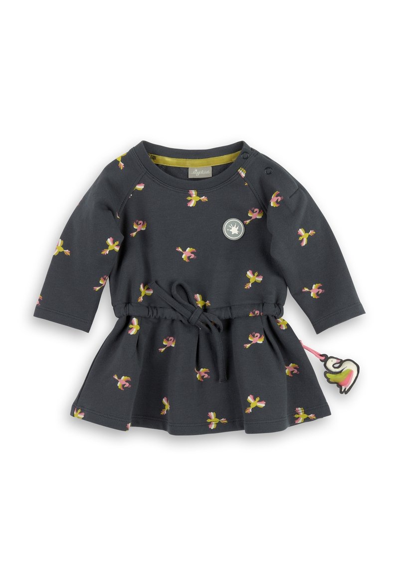 Robe pour fille, en coton gris foncé, manches longues, motif floral en rose et jaune, jupe froncée, taille ajustable avec lien, et étiquette d'accent sur le côté.