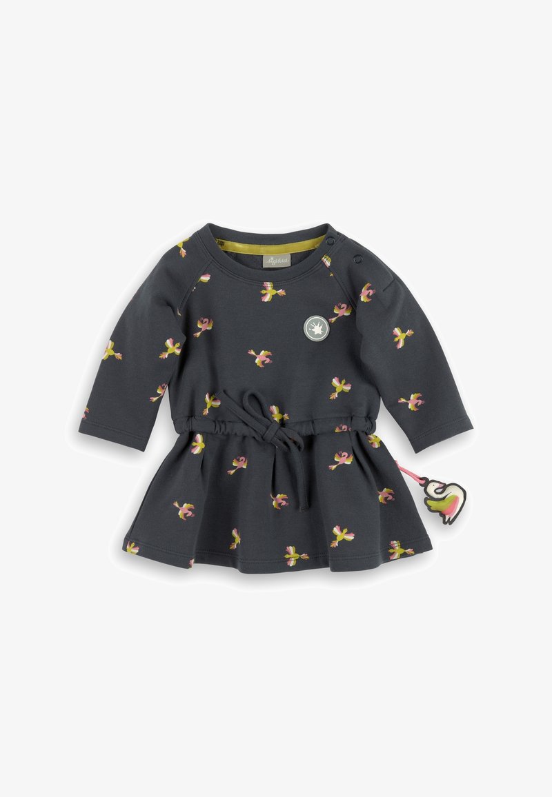 Robe pour fille, en coton gris foncé, manches longues, motif floral en rose et jaune, jupe froncée, taille ajustable avec lien, et étiquette d'accent sur le côté.