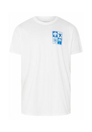 Weißes Kurzarm-T-Shirt mit blauem Motiv auf der Brust, das einen Adler, einen Seestern, die Sonne und eine Palme in vier quadratischen Feldern zeigt.