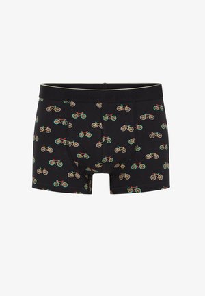 Schwarze Boxershorts mit bunten Fahrradmustern und einem schwarzen Bund mit subtil geprägtem Schriftzug.