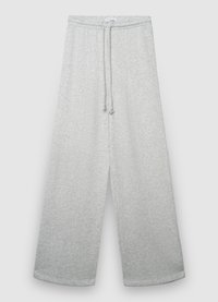 Hellgraue Sweatpants mit weitem Bein aus weichem Baumwollstoff, ausgestattet mit einem elastischen Bund und verstellbaren Kordeln, ohne Taschen.