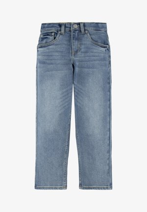 Jeans in denim azzurro chiaro con un design a gamba dritta, cinque tasche e cuciture dorate a contrasto lungo le cuciture e la vita.