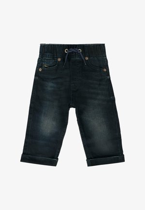 Pantalons en denim bleu foncé avec une taille élastique, cordon de serrage, poches avant et revers. Texture lisse et finition lavée à la moyenne.