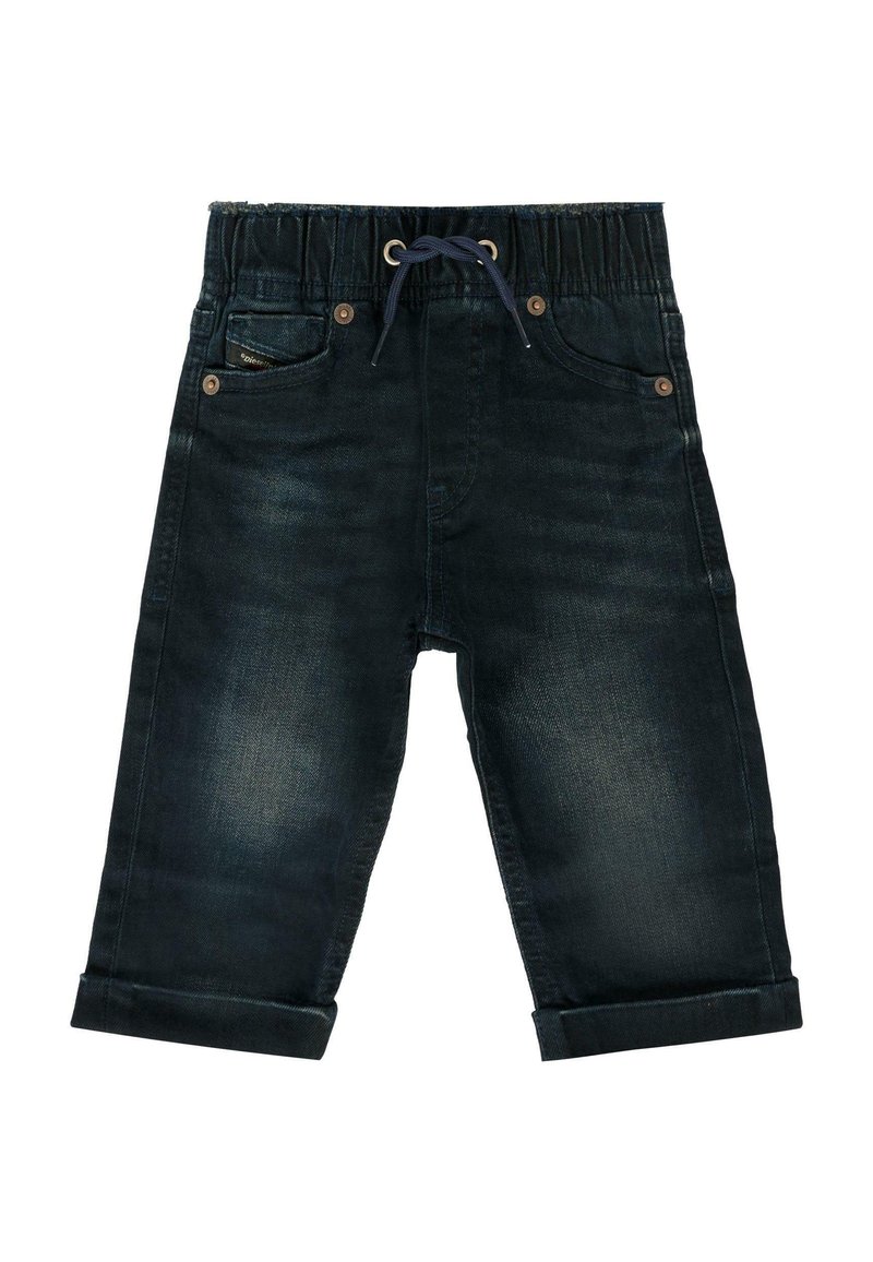 Pantaloni in denim blu scuro con vita elastica, cordoncino, tasche frontali e orli arrotolati. Tessuto liscio e finitura lavaggio medio.