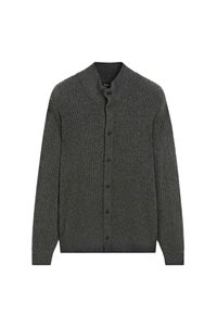 Mørkegrå cardigan med ribbet tekstur, der har en sjalskrave, frontknapper og lange ærmer. Blødt strikmateriale.