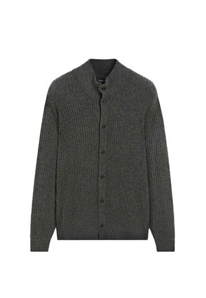 Cardigan grigio scuro con texture a coste, dotato di colletto sciallato, bottoni frontali e maniche lunghe. Materiale in maglia morbido.