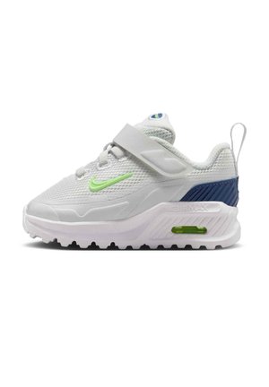 Biały sportowy sneaker z szarym paskiem, zielonym logo Nike, niebieską tylną częścią i widoczną zieloną amortyzacją Air Max w podeszwie.