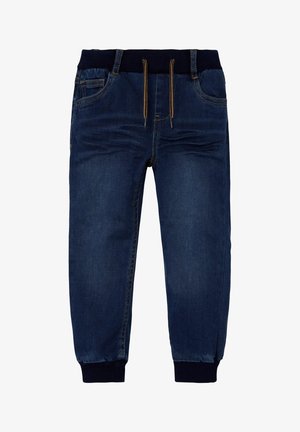 Dark blue denim joggers with a ribbed, elastic waistband and drawstring. Features side pockets and elastic cuffs at the ankles.