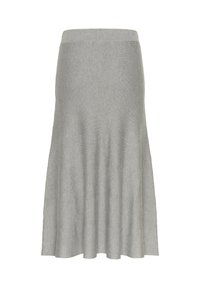 Jupe en tricot gris avec un design évasé, une large taille élastique et une texture lisse. Le tissu présente un motif subtil sur l'ensemble.