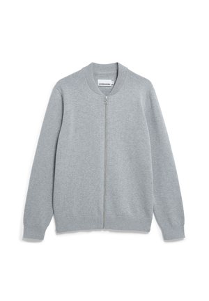 Light gray zip-up sweater made from a soft material, featuring a ribbed collar, cuffs, and hem, with a small logo on the left chest.