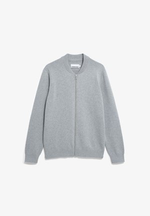 Lichtgrijze sweater met rits gemaakt van een zacht materiaal, met een geribbelde kraag, manchetten en zoom, en een klein logo op de linkerborst.