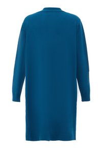 Dlouhý kardigan v tmavě modré barvě, s jednoduchým designem, žebrovanými manžetami a rovnými lemy. Vyroben z měkké, texturované pleteniny.