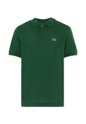 Donkergroen poloshirt met korte mouwen, voorzien van twee zwarte knopen en een klein geborduurd krokodillenlogo op de linkerborst.
