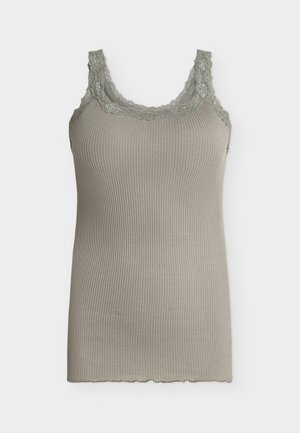 Bezroku ribota adīta kokvilnas krekla virsdrēbe gaiši olīvu krāsā ar ziedu mežģīņu apdari kakla izgriezumā un lencēs, taisna apakša, pieguļošs stilīgs modelis.