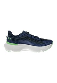 Chaussure de course marine avec une tige texturée, des accents verts et une semelle intermédiaire blanche, conçue pour le confort et la stabilité durant l'activité.