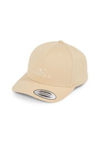Cappellino snapback beige chiaro realizzato in tessuto; presenta una corona arrotondata, visiera piatta e un logo ricamato bianco nella parte anteriore. Cinghia regolabile sul retro.