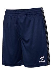 Marineblauwe sportshorts van gladde stof, voorzien van een elastische tailleband, zijstrepen met een chevronpatroon en een logo aan de onderzijde links.