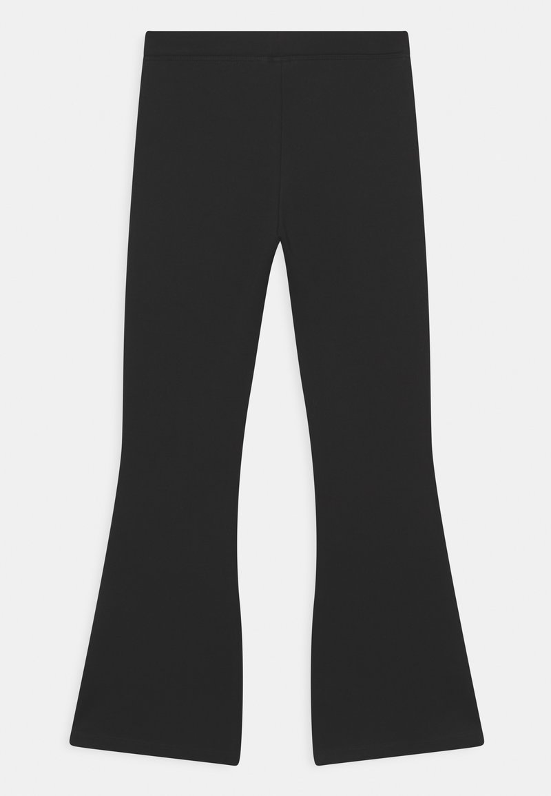 Zwarte flared leggings van rekbaar stof, met een aangesloten tailleband en een gladde textuur. Geen patronen of hardwaredetails zichtbaar.