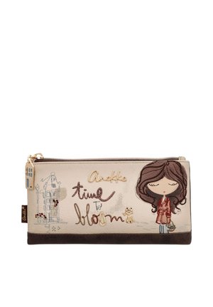 Bustina beige e marrone con cerniera, con una ragazza dei cartoni animati, un piccolo gatto e le parole "time to bloom" in scrittura decorativa.