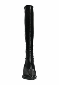 Black over-the-knee boots made of glossy patent material, featuring a sleek design with a pointed toe and a flat sole.