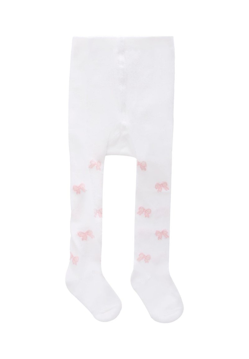Collant bianchi realizzati in un morbido e elasticizzato tessuto, con piccoli motivi a fiocchetto rosa distribuiti lungo le gambe. Texture liscia e vestibilità standard.