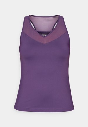 Camiseta sin mangas deportiva de color violeta con escote en V y detalles de malla en los hombros, que presenta un diseño elegante para ropa activa.