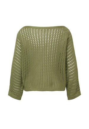 Oliwkowo-zielony, długorękawowy sweter z luźnym splotem, o luźnym kroju i szerokim dekolcie.