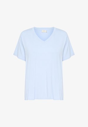 T-shirt bleu clair à manches courtes en coton doux. Il présente un design à col en V et une coupe décontractée avec des détails de couture subtils.