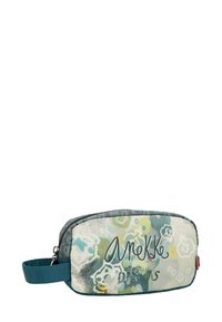Borsa cosmetica in tessuto multicolore con motivi floreali. Dotata di chiusura con cerniera e manico turchese. Forma rettangolare.