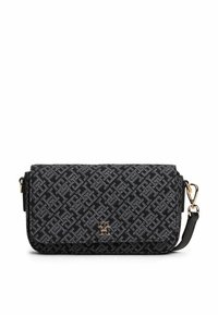 Borsa a tracolla nera e grigia con motivo a fantasia, texture trapuntata, hardware dorato e tracolla removibile. Forma rettangolare con chiusura a patta.