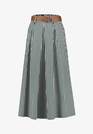 Green and white vertical striped midi skirt with pleats and wide brown belt with silver buckle at the waist.