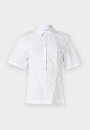 White short-sleeve blouse with a collared neck, featuring a front placket adorned with six buttons, made from smooth, lightweight fabric.