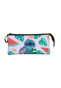 Reißverschlusstetui mit einem weißen Stoffhintergrund, einem Cartoon-Design eines blauen Charakters mit einem grünen Frosch und Mustern tropischer Blätter.