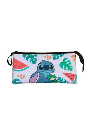 Reißverschlusstetui mit einem weißen Stoffhintergrund, einem Cartoon-Design eines blauen Charakters mit einem grünen Frosch und Mustern tropischer Blätter.