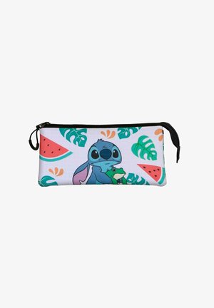 Trousse à crayons zippée avec un fond en tissu blanc, un design de dessin animé représentant un personnage bleu avec une grenouille verte et des motifs de feuilles tropicales.