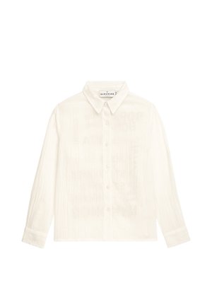 Weißes, langärmliges Hemd mit Knopfleiste aus strukturiertem Stoff und klassischem Kragen. Es verfügt über ein dezentes Muster und ein Markenlabel auf der Innenseite.