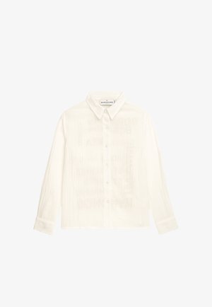 Weißes, langärmliges Hemd mit Knopfleiste aus strukturiertem Stoff und klassischem Kragen. Es verfügt über ein dezentes Muster und ein Markenlabel auf der Innenseite.