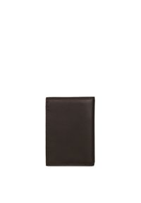 Portafoglio in pelle marrone con texture liscia, design a due pieghe e dettagli di cucitura minimi. Forma compatta adatta per carte e denaro.