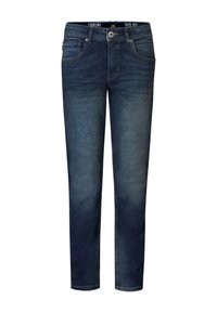 Jean en denim bleu foncé avec une finition légèrement délavée. Présente un design classique à quatre poches, une fermeture éclair et un bouton.